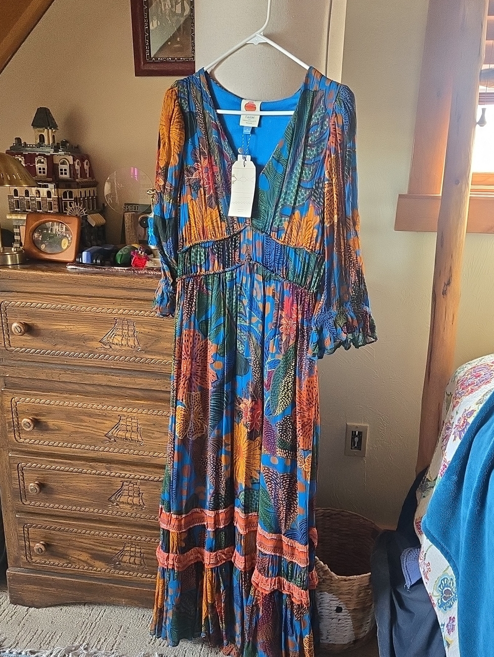New, ANTROPOLOGUE, Farm RIO. XS. Bohemian Floral Maxi Dress - Blue & Orange - Picture 2 of 9
